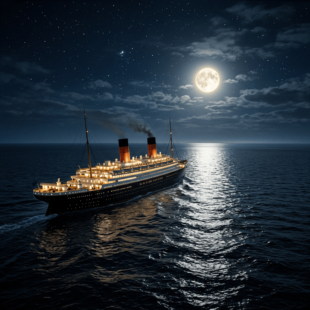 Ocean liner with illuminated decks sailing at night under a full moon